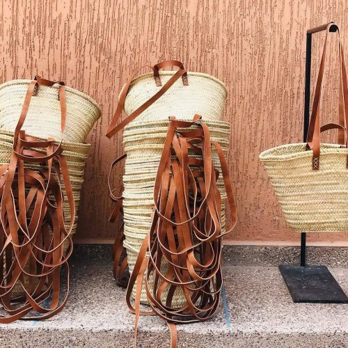 Market basket with leather handles, Moroccan bag, straw bag