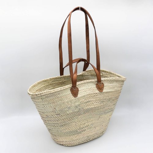 Handwoven Straw Basket with Double Leather Handles