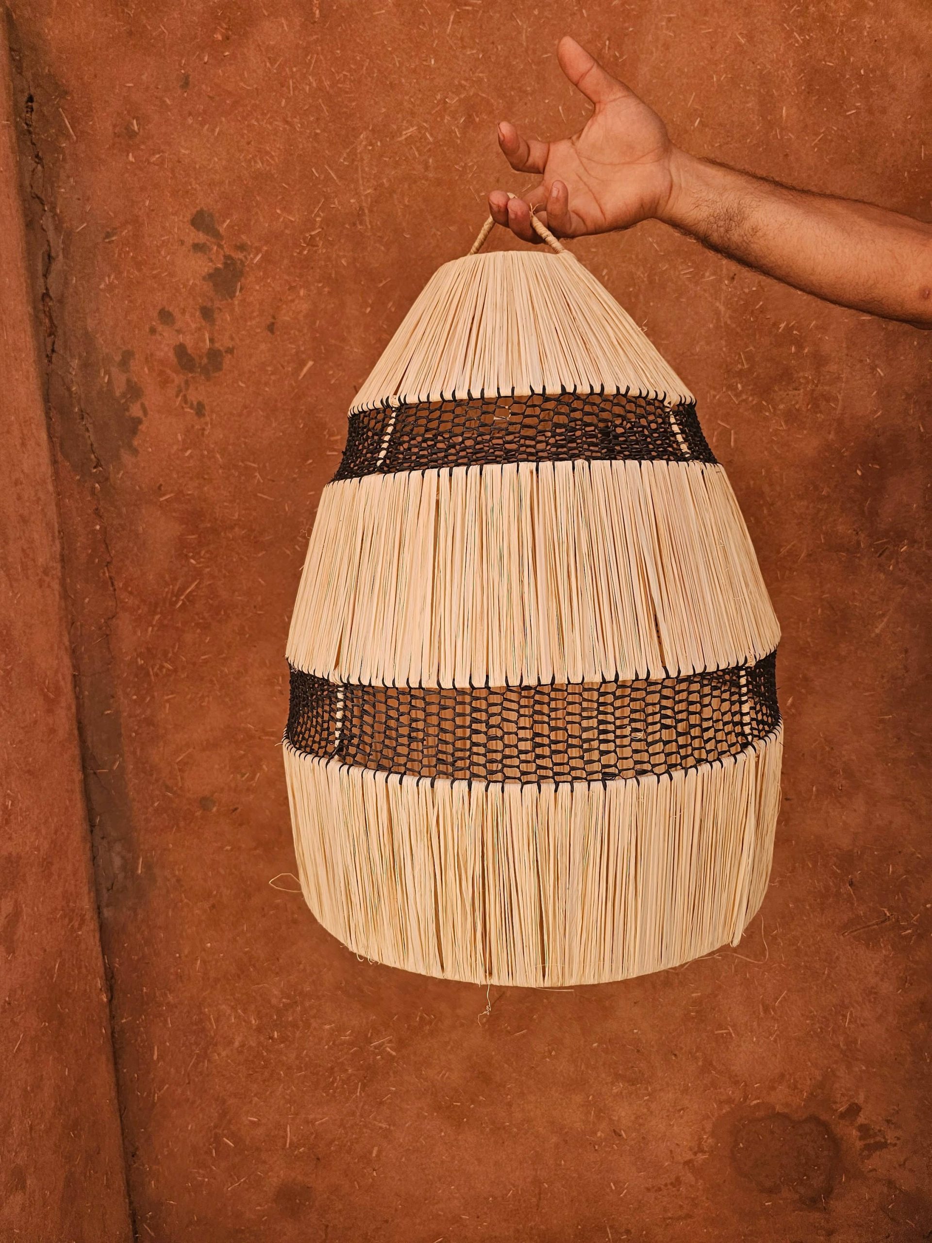Handwoven Raffia Pendant Light Shade with Black Accent - Image 3