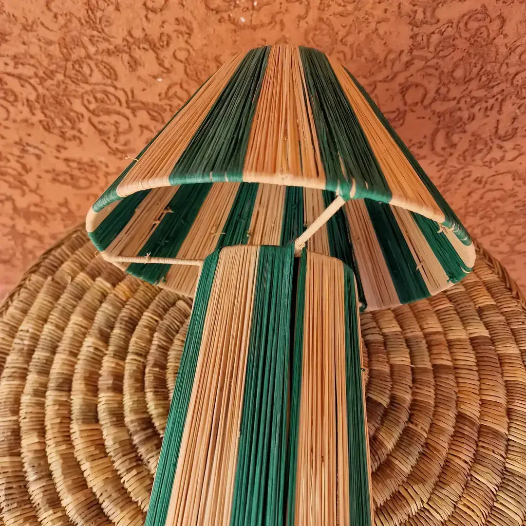 Handmade Raffia Table Lamp with Striped Shade - Image 3