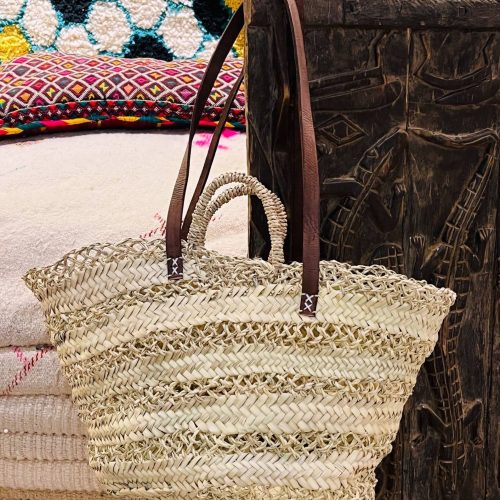 Handwoven Moroccan Straw Basket with Leather Handles