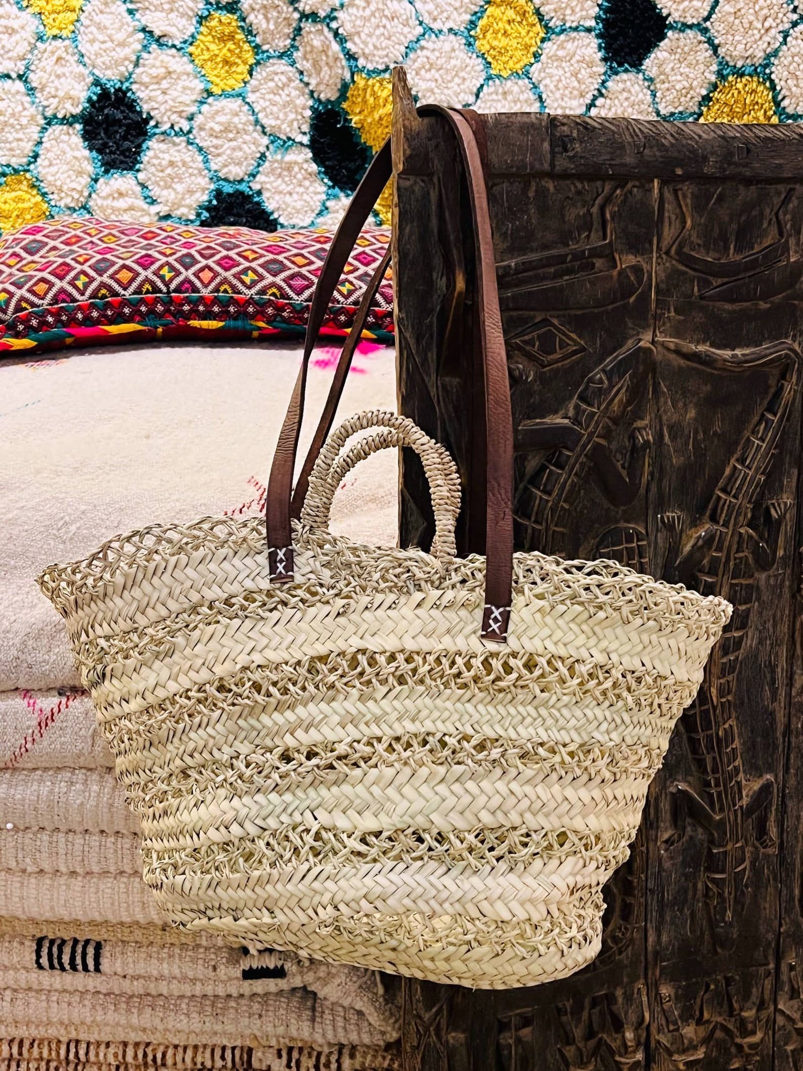 Handwoven Moroccan Straw Basket with Leather Handles