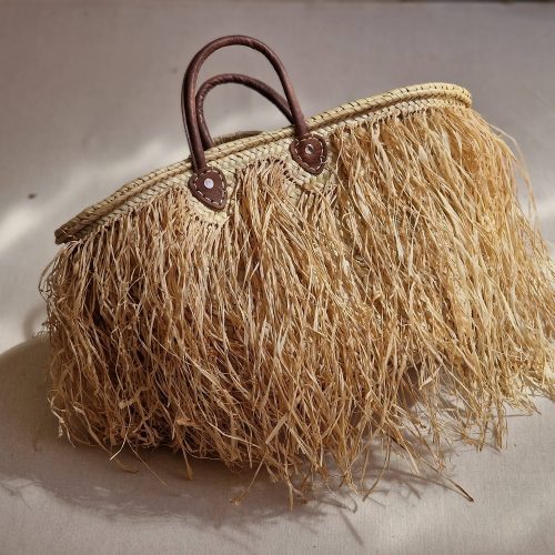 Moroccan Straw Basket Bag With Raffia Fringes - Natural