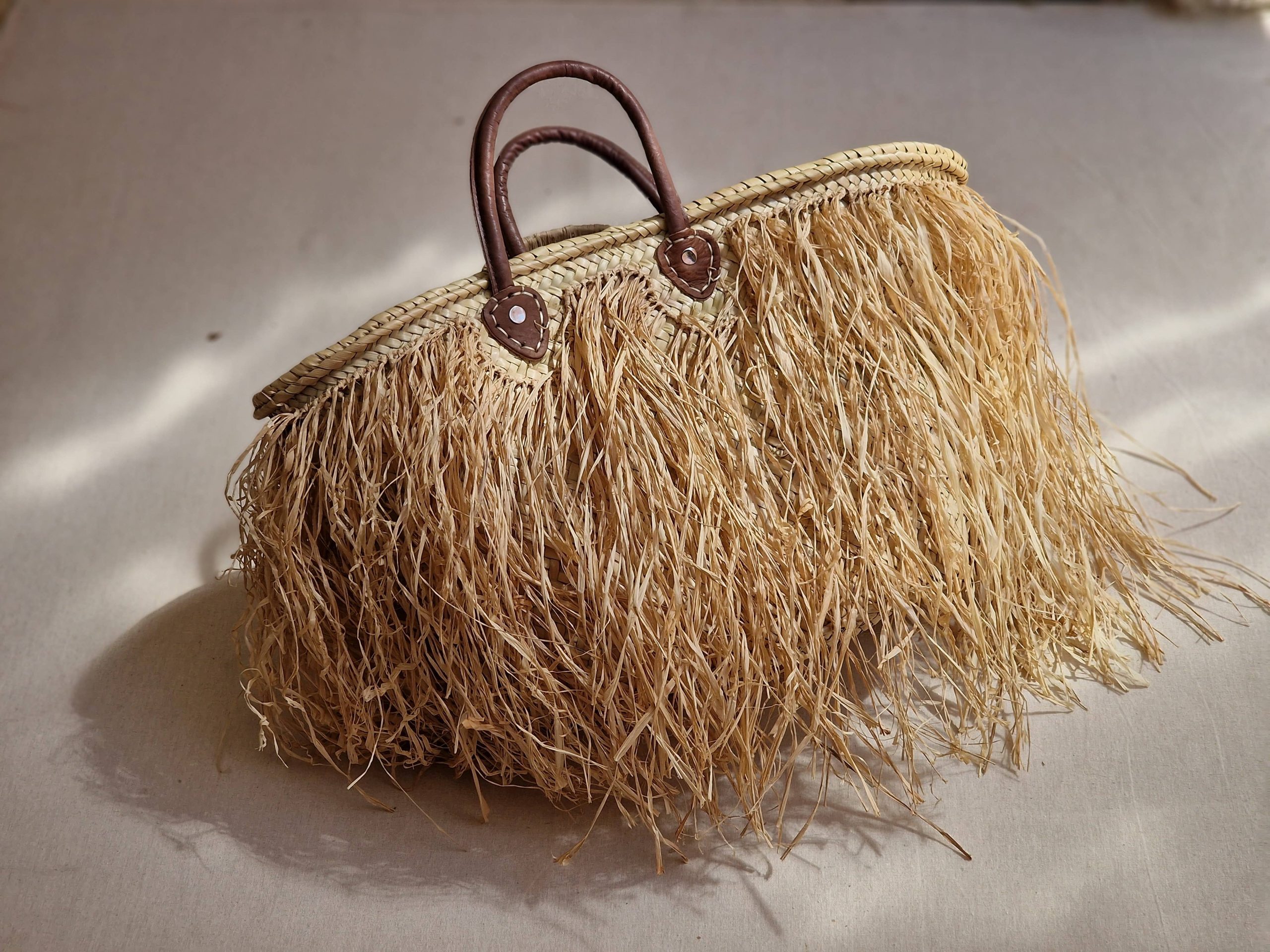 Moroccan Straw Basket Bag With Raffia Fringes - Natural