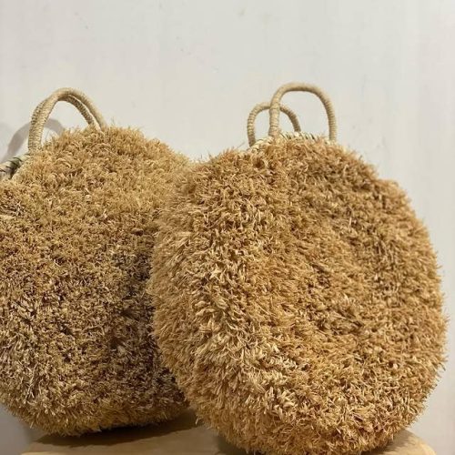 Handmade Round Raffia Basket with Natural Handles