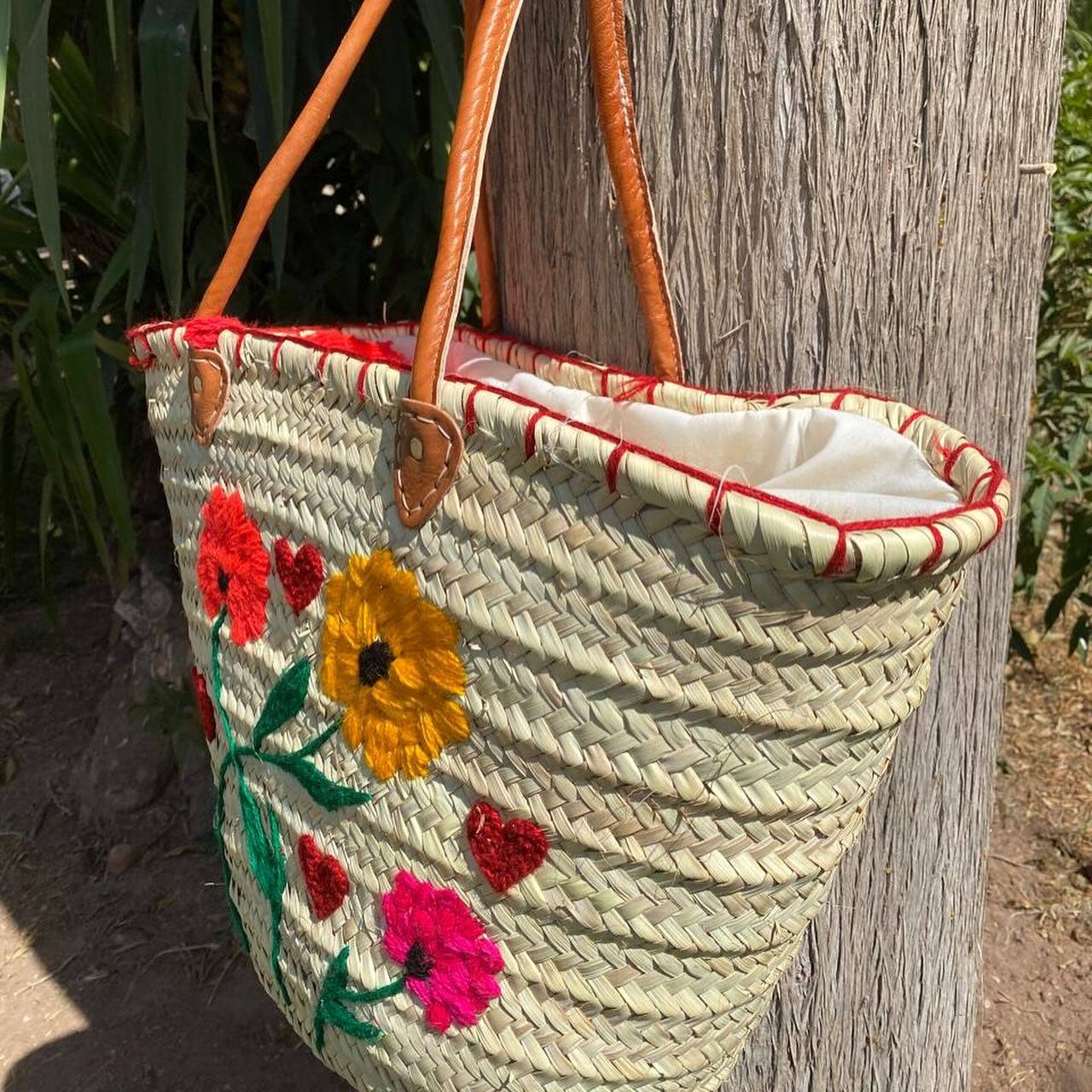 Handwoven Palm Leaf Basket with Floral Embroidery - Image 2