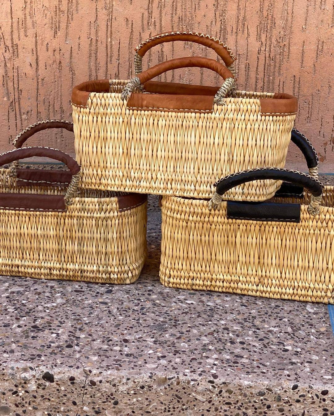 Handwoven Reed Basket with Leather Handles - Image 2