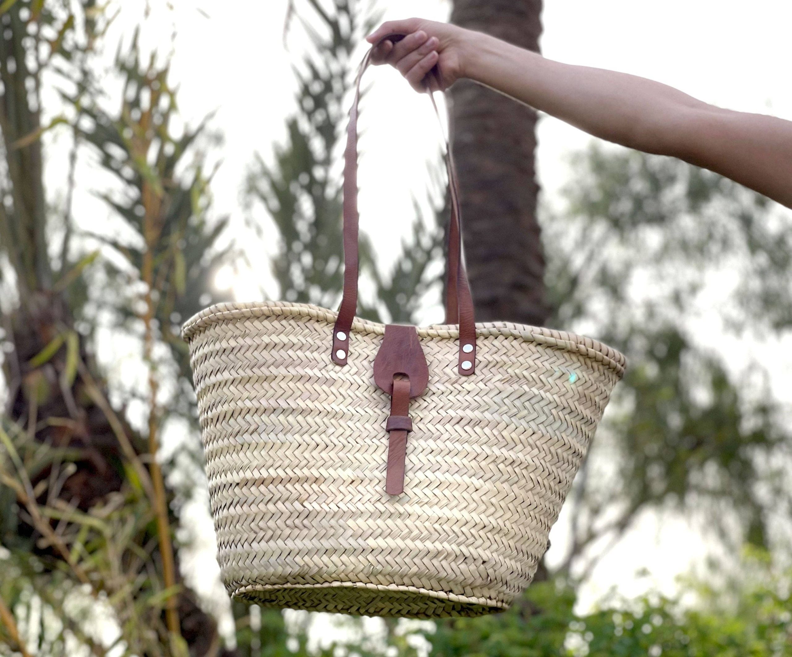 Handwoven Moroccan Straw Basket with Leather Handles - Image 4