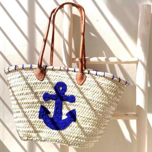 Handwoven Straw Tote Basket with Blue Anchor Motif